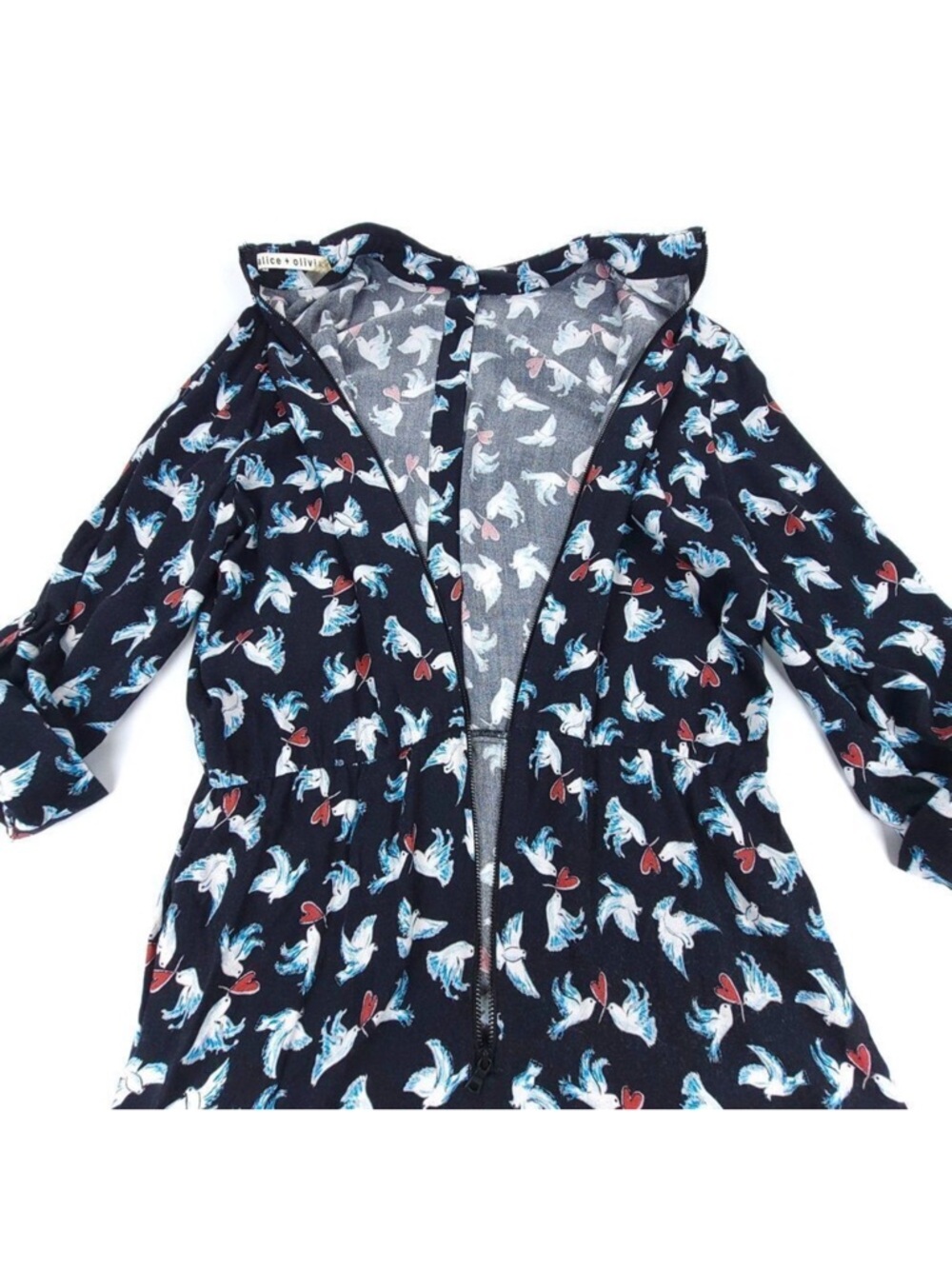 ALICE + OLIVIA Love Dove Button Down Romper Twee Vintage Novelty Print Womens 12 - Picture 5 of 10